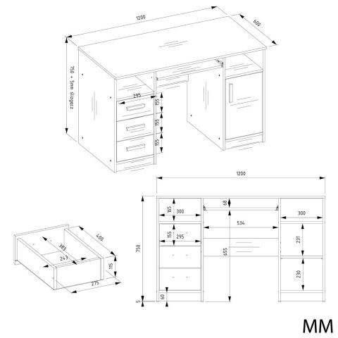Biurko Komputerowe Antracyt 3 Szuflady Szafka Półki Do Biura 120x60x75 Adik