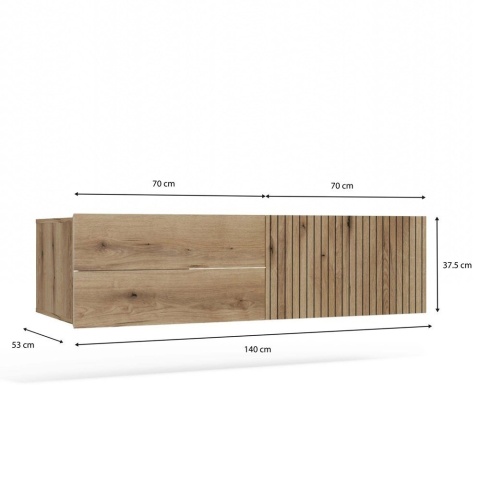 Szafka Pod Umywalkę Wisząca Dąb Evoke 2 Szuflady Drzwi 140cm Ryflowana Deko