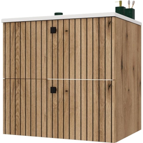 Szafka Pod Umywalkę Wisząca Evoke 2 Szuflady 60 cm Ryflowana Deko +Umywalka