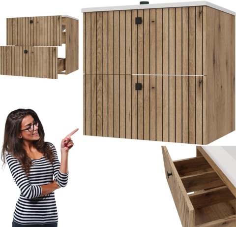 Szafka Pod Umywalkę Wisząca Evoke 2 Szuflady 60 cm Ryflowana Deko +Umywalka