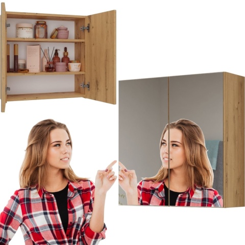 Szafka Łazienkowa Wisząca Z Lustrem 60 CM LAPO 2DL 3 Półki Dąb Artisan