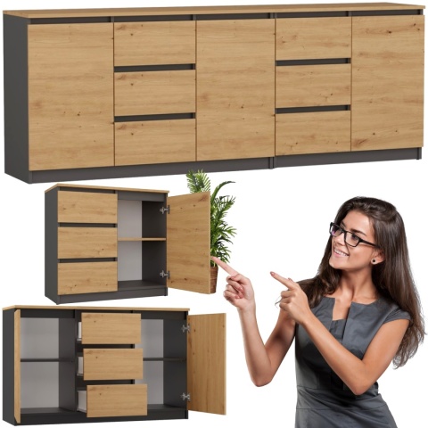 Komoda Duża Zestaw 200x75x40 cm Artisan Szafka x3 Szuflada x6 Komplet 3D6S