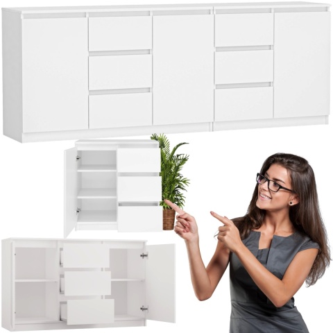 Komoda Duża Zestaw 200x75x40 cm Biała Szafka x3 Szuflada x6 Komplet 3D6S