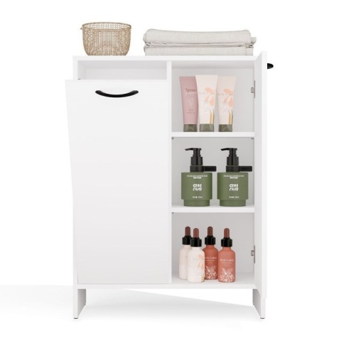Szafka Łazienkowa Stojąca Biała Do Łazienki 3 Półki z Koszem 66x90x30 Kate