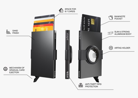 Etui na karty kredytowe RFID ZEN z uchwytem na AirTag Pularys Aluminium, Plastik pomarańczowy 6x9,5x1 cm