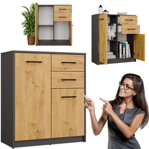 Komoda Szafka 2 Szuflady 2 Drzwi do Salonu Dąb Artisan Antracyt Paloma 2S2D