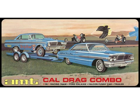 Model Plastikowy Do Sklejania - Zestaw 3w1 Samochód + Samochód + Naczepa 1:25 Cal Drag Combo 1964 Galaxie, Awb Falcon & Trailer