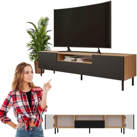 SZAFKA RTV 160 KAMA SLIM ARTISAN/CZERŃ RYFLOWANA NOWOCZESNA