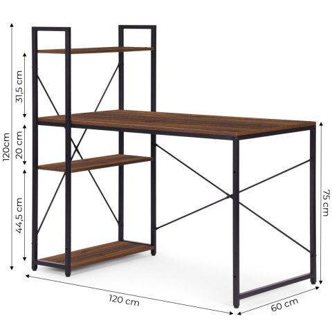 Biurko komputerowe szkolne 120x60 cm regał z 3 półkami ciemny orzech loft ModernHome