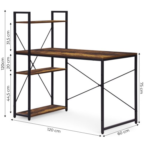 Biurko komputerowe szkolne 120x60 cm regał z 3 półkami postarzany orzech loft ModernHome