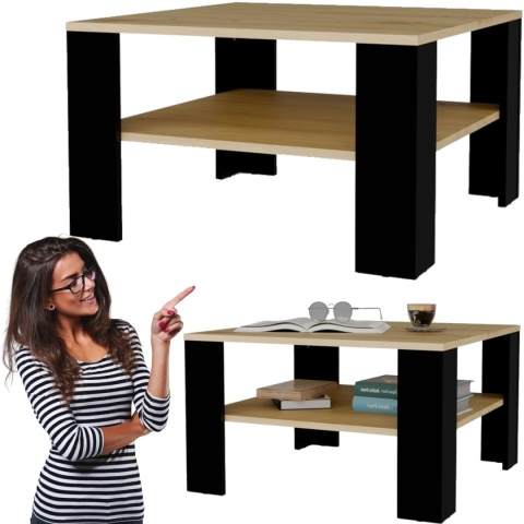 Stolik Kawowy Ława Do Salonu Dąb Artisan Czarny Kwadratowy z Półką 68 cm