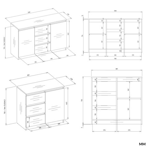 Komoda Duża Zestaw 200x75x40 cm Kaszmir Szafka x3 Szuflada x6 Komplet 3D6S