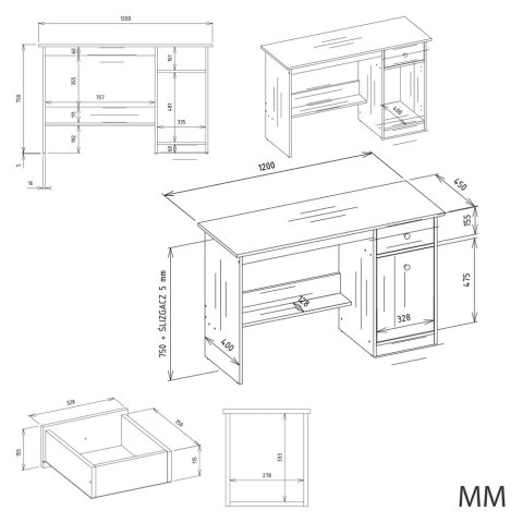 Biurko Białe Komputerowe Szkolne 120x75x45 cm Szuflada Szafka Regał Vector