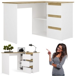 Biurko Komputerowe Białe Dąb Artisan narożne 3 szuflady 120 cm Vire Prawe