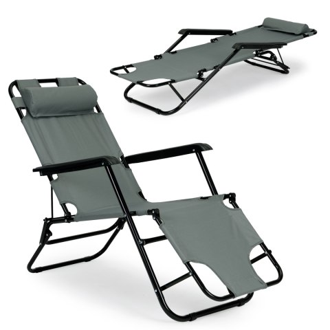 Leżak ogrodowy plażowy składany fotel turystyczny krzesło zagłówek szary