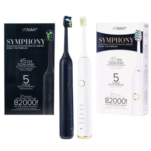 2x VITAMMY SYMPHONY BLACK i WHITE Szczoteczki soniczne do zębów z komfortową obudową i 5 trybami