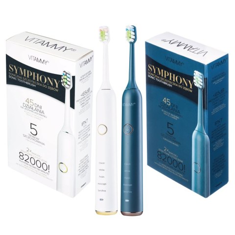 2x VITAMMY SYMPHONY WHITE i NAVY BLUE Szczoteczki soniczne do zębów z komfortową obudową i 5 trybami