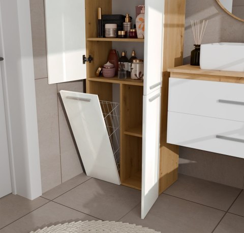 Szafka Łazienkowa Stojąca Słupek Biała Połysk Dąb Artisan+kosz 60 Lena 1KDD