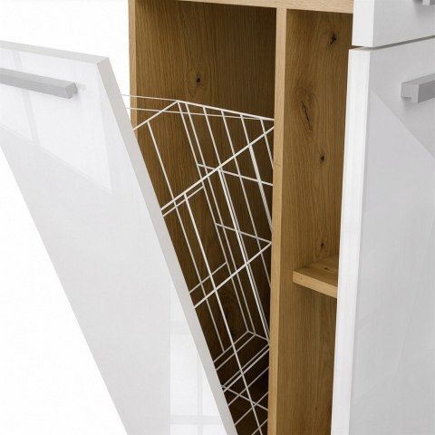 Szafka Łazienkowa Stojąca Słupek Biała Połysk Dąb Artisan+kosz 60 Lena 1KDD