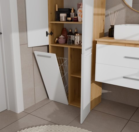Szafka Łazienkowa Stojąca Słupek Biała Dąb Artisan z koszem 60 cm Lena 1KDD
