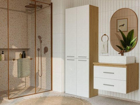 Szafka Łazienkowa Stojąca Słupek Biała Dąb Artisan z koszem 60 cm Lena 1KDD