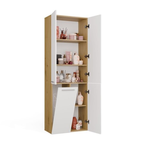 Szafka Łazienkowa Stojąca Słupek Biała Dąb Artisan z koszem 60 cm Lena 1KDD