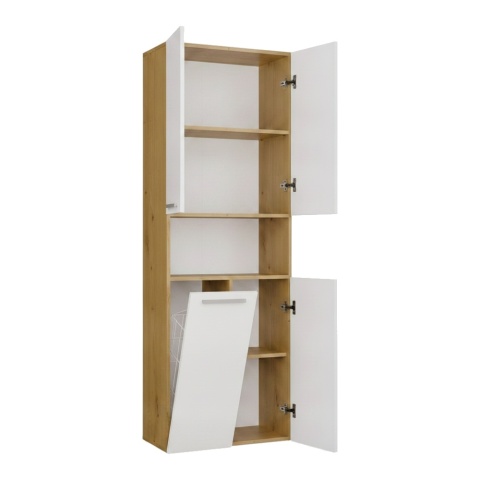Szafka Łazienkowa Stojąca Słupek Biała Dąb Artisan z koszem 60 cm Lena 1KDK