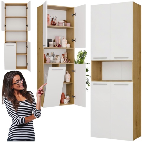 Szafka Łazienkowa Stojąca Słupek Biała Dąb Artisan z koszem 60 cm Lena 1KDK