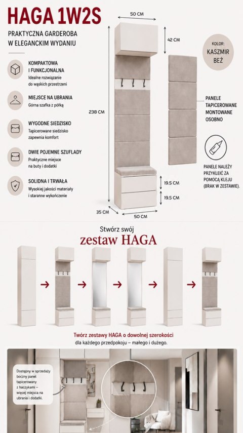 Garderoba HAGA 1W2S Wieszak 2 Szuflady Do Korytarza KASZMIR BEŻ 238x50x35