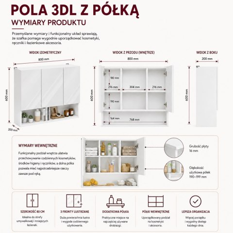 Szafka Łazienkowa Wisząca Biała z Lustrem i półką 3 drzwi 80 cm Lapo 3LP