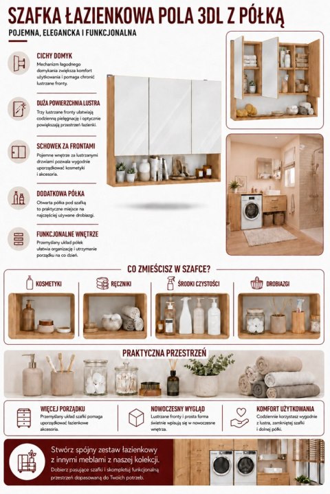 Szafka Łazienkowa Wisząca z Lustrem półką 3 drzwi 80cm Dąb Artisan Lapo 3LP