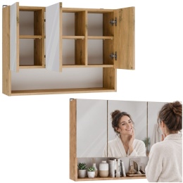 Szafka Łazienkowa Wisząca z Lustrem półką 3 drzwi 80cm Dąb Artisan Lapo 3LP