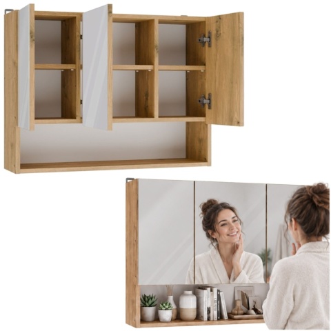 Szafka Łazienkowa Wisząca z Lustrem półką 3 drzwi 80cm Dąb Artisan Lapo 3LP