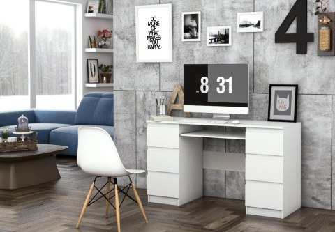 Biurko Komputerowe 130 cm z 6 Szufladami Blat Szkolne Solidne Karol Białe