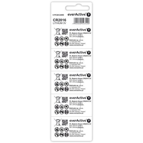 EVERACTIVE CR2016 BATERIA ALKALICZNA, LITOWA 3V OPAKOWANIE 5 SZT