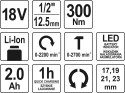 KLUCZ UDAROWY AKUMULATOROWY 18V 1/2'' 300NM 2.0AH YT-82804 YATO