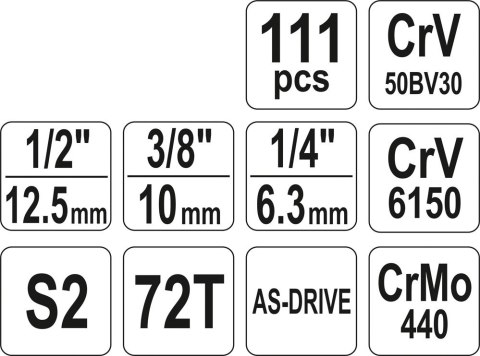 YATO YT-38831 ZESTAW NARZĘDZIOWY 1/4'' 3/8'' 1/2'' 111CZĘŚCI XL YATO