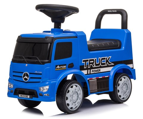 JEŹDZIK AUTO MERCEDES ANTOS ŚWIATŁA DŹWIĘK SCHOWEK SKRĘTNE KOŁA NIEBIESKI