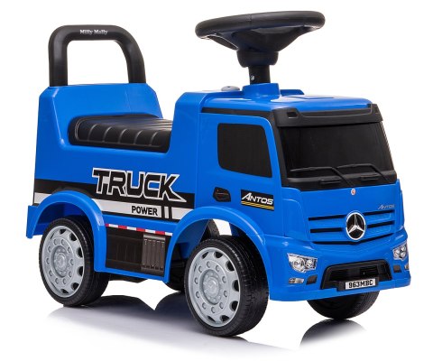 JEŹDZIK AUTO MERCEDES ANTOS ŚWIATŁA DŹWIĘK SCHOWEK SKRĘTNE KOŁA NIEBIESKI