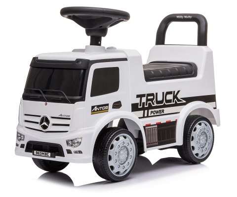 JEŹDZIK AUTO MERCEDES ANTOS ŚWIATŁA DŹWIĘK SCHOWEK SKRĘTNE KOŁA BIAŁY WHITE
