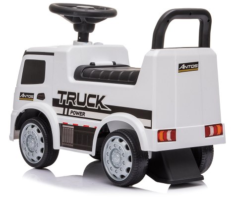 JEŹDZIK AUTO MERCEDES ANTOS ŚWIATŁA DŹWIĘK SCHOWEK SKRĘTNE KOŁA BIAŁY WHITE