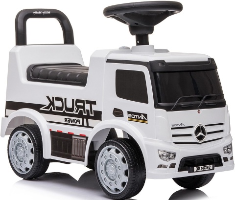 JEŹDZIK AUTO MERCEDES ANTOS ŚWIATŁA DŹWIĘK SCHOWEK SKRĘTNE KOŁA BIAŁY WHITE