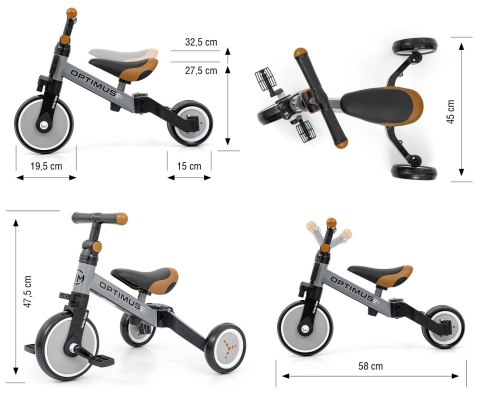 ROWEREK TRÓJKOŁOWY BIEGOWY Z PEDAŁAMI 3W1 OPTIMUS GREY PIANKOWE KOŁA 12m+