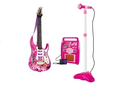 GITARA Z MIKROFONEM STRUNAMI WZMACNIACZEM RÓŻOWA