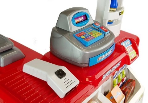 ZABAWKOWY MARKET Z WÓZKIEM KASA FISKALNA SKANER ARTYKUŁY SPOŻYWCZE ZAKUPY
