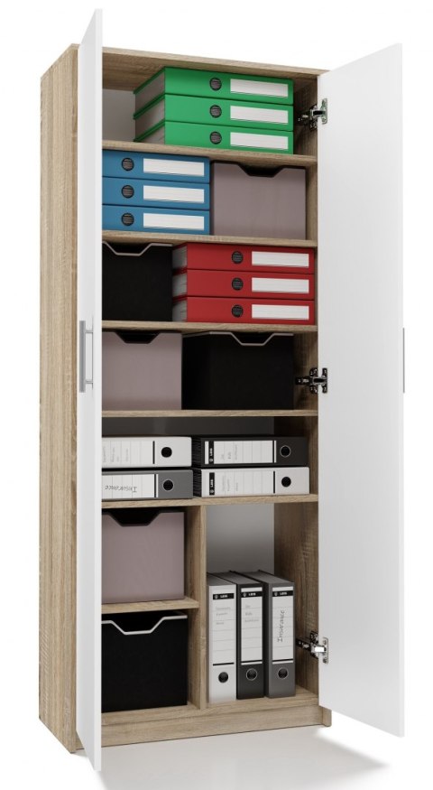 Regał Na Książki Segregatory Półka x8 Do Salonu 74 cm Sonoma Biały Lidia