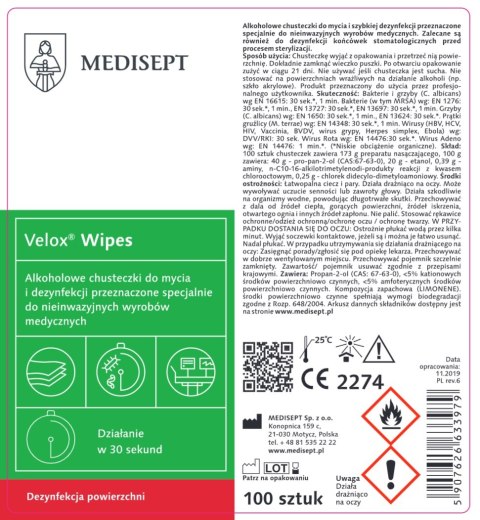 MEDISEPT VELOX WIPES PUSZKA CHUSTECZKI DO DEZYNFEKCJI RÓŻNORODNYCH POWIERZCHNI SPRZĘTU MEDYCZNEGO Z TWORZYW SZTUCZNYCH