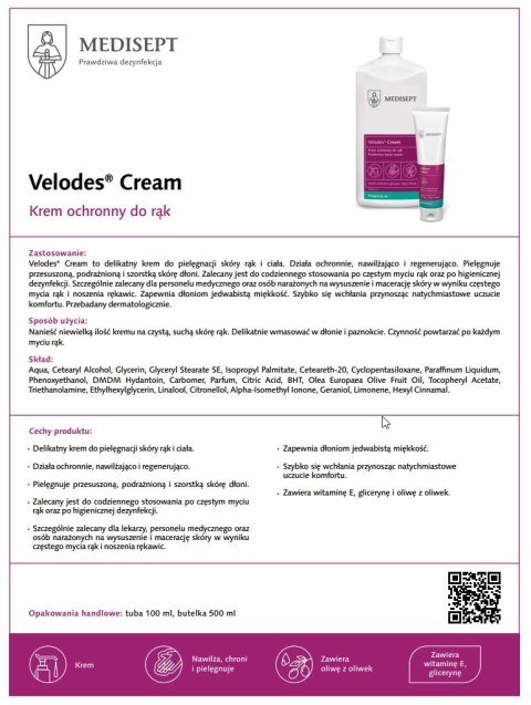 MEDISEPT VELODES CREAM-500 ML DELIKATNY KREM DO PIELĘGNACJI SKÓRY RĄK I CIAŁA
