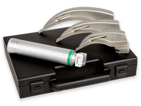 GIMA Green laryngoskop zestaw 3 łyżek McIntosh w rozmiarach 2, 3, 4, halogen 2,5 V, rękojeść akumul, baterie GIMA Green laryngos