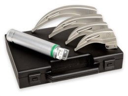 GIMA Green laryngoskop zestaw 4 łyżek McIntosh w rozmiarach 1, 2, 3, 4, halogen 2,5 V, rękojeść akumul, baterie Laryngoskop set 